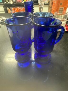 Anchor Hocking Cobalt Blue Glass Pedestal Mugs - Set of 4